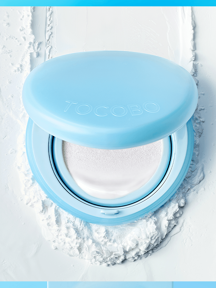 TOCOBO Blur Finish Sun Cushion open container with a soft applicator and light blue packaging.