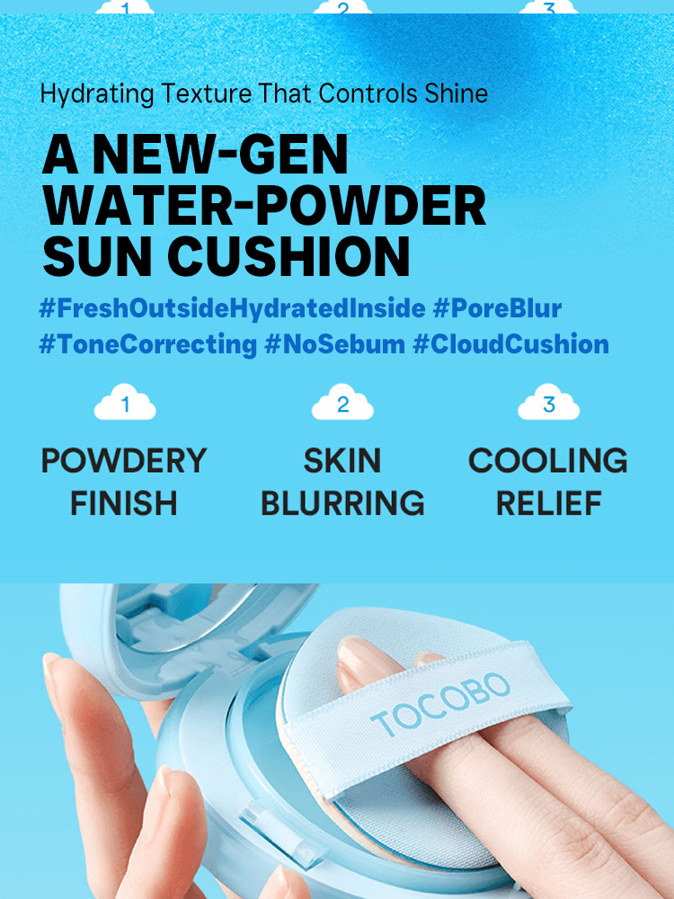TOCOBO Blur Finish Sun Cushion displayed with hydrating features and benefits like pore blur and skin blurring.