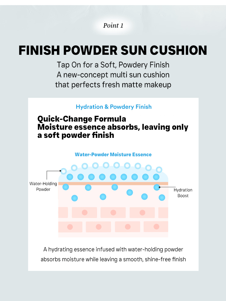 TOCOBO Blur Finish Sun Cushion illustration showing hydration and powdery finish benefits with quick-change formula.