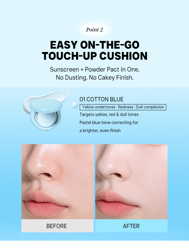 TOCOBO Blur Finish Sun Cushion 13g SPF50+/PA++++ #01 Cotton Blue before and after application images.