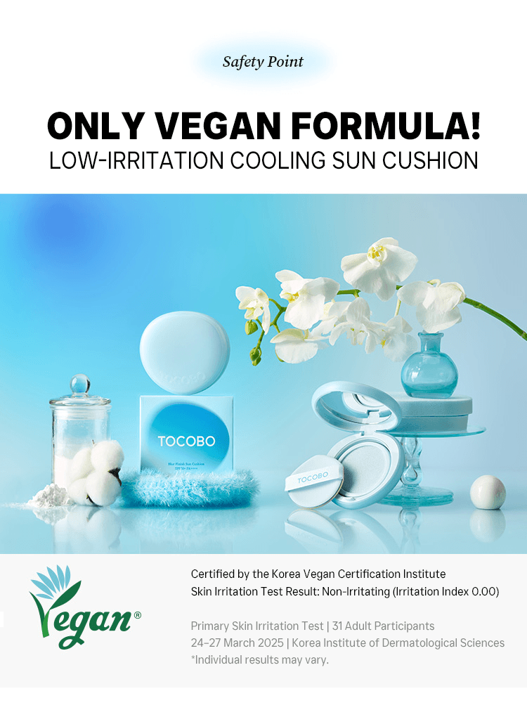 TOCOBO Blur Finish Sun Cushion packaging and ingredients on a light background with flowers.