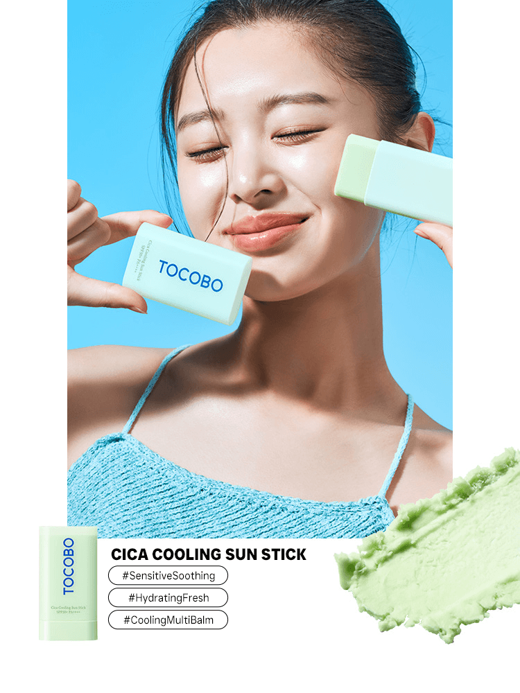 Model applying TOCOBO Cica Cooling Sun Stick, showcasing its hydrating and cooling benefits for skincare.