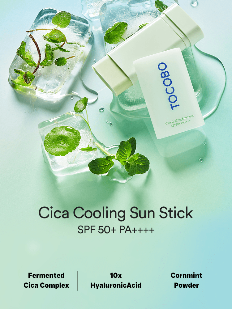 TOCOBO Cica Cooling Sun Stick 18g SPF50+/PA++++ on ice with mint leaves, showcasing its soothing formula.