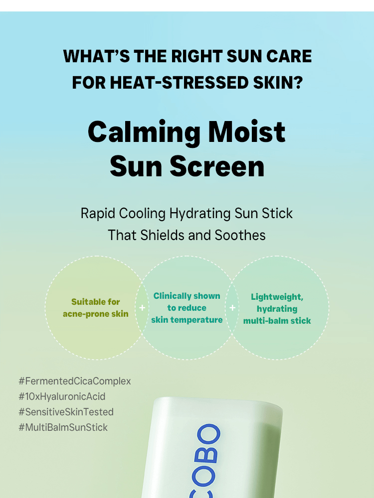TOCOBO Cica Cooling Sun Stick 18g SPF50+/PA++++ for heat-stressed skin, rapid cooling, and lightweight hydration.