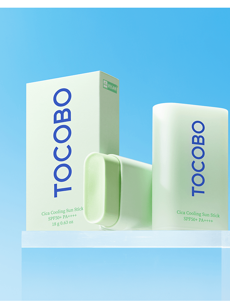 TOCOBO Cica Cooling Sun Stick 18g SPF50+/PA++++ packaging with a light blue background