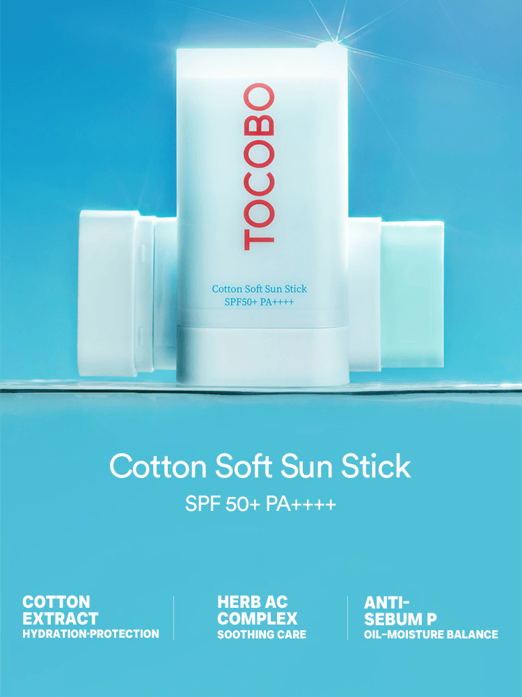 TOCOBO Cotton Soft Sun Stick displayed against a blue background, showcasing SPF 50+/PA++++ for sun protection.