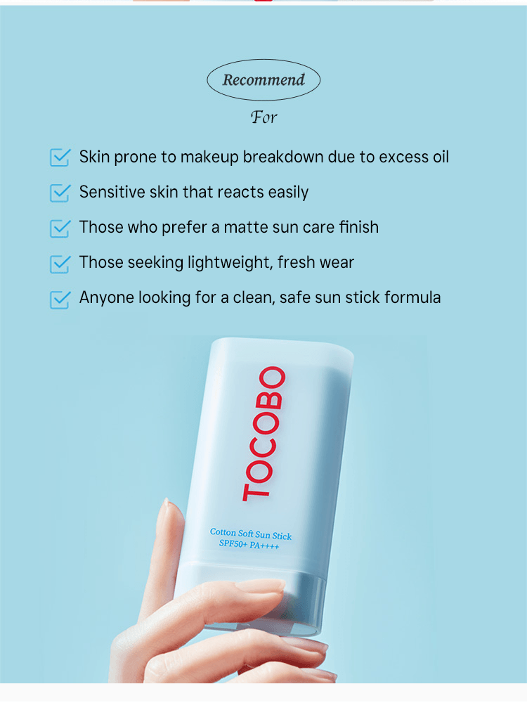 TOCOBO Cotton Soft Sun Stick 19g SPF50+/PA++++ for sensitive skin and lightweight, matte sun protection.