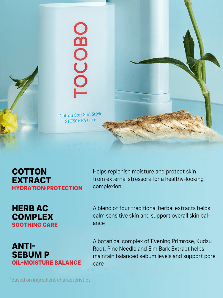 TOCOBO Cotton Soft Sun Stick 19g SPF50+/PA++++ features hydration protection, soothing care, and oil-moisture balance.