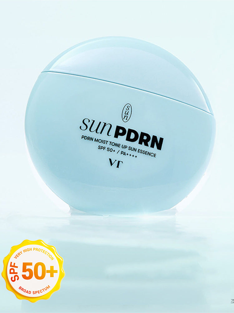 VT PDRN Moist Tone Up Sun Essence 50g with SPF 50+ in a sleek round container on a light background.