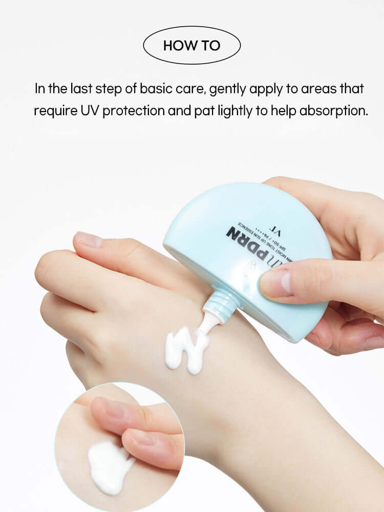 VT PDRN Moist Tone Up Sun Essence 50g being applied to the hand for UV protection and skin nourishment.