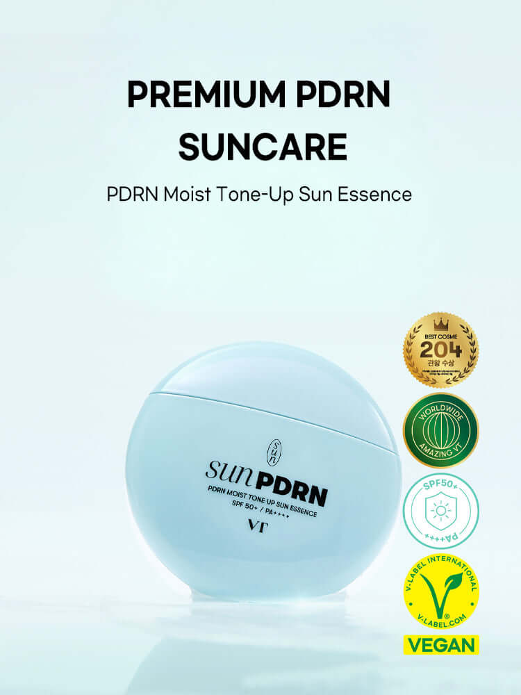 VT PDRN Moist Tone Up Sun Essence 50g packaging with premium skincare branding and vegan certification.