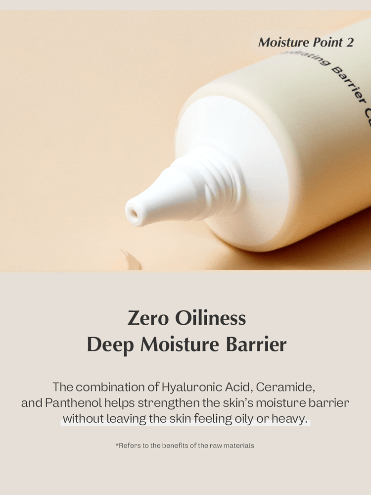 manyo Bifida Biome Aqua Barrier Cream tube highlighting deep moisture barrier benefits and zero oiliness.