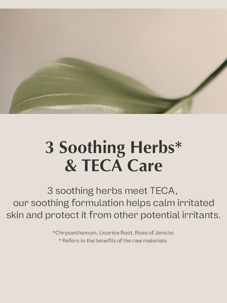 manyo Bifida Biome Aqua Barrier Cream 3 Soothing Herbs and TECA Care featuring a leaf, highlighting calming skincare benefits and natural ingredients.
