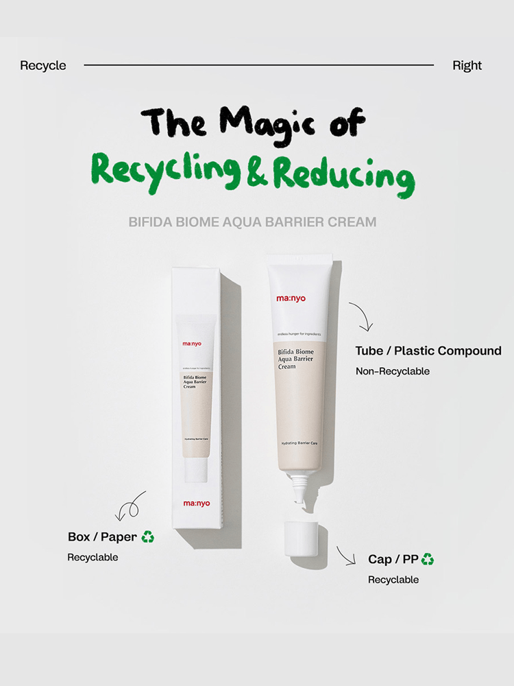 manyo Bifida Biome Aqua Barrier Cream packaging showing recycling information and components, highlighting eco-friendliness