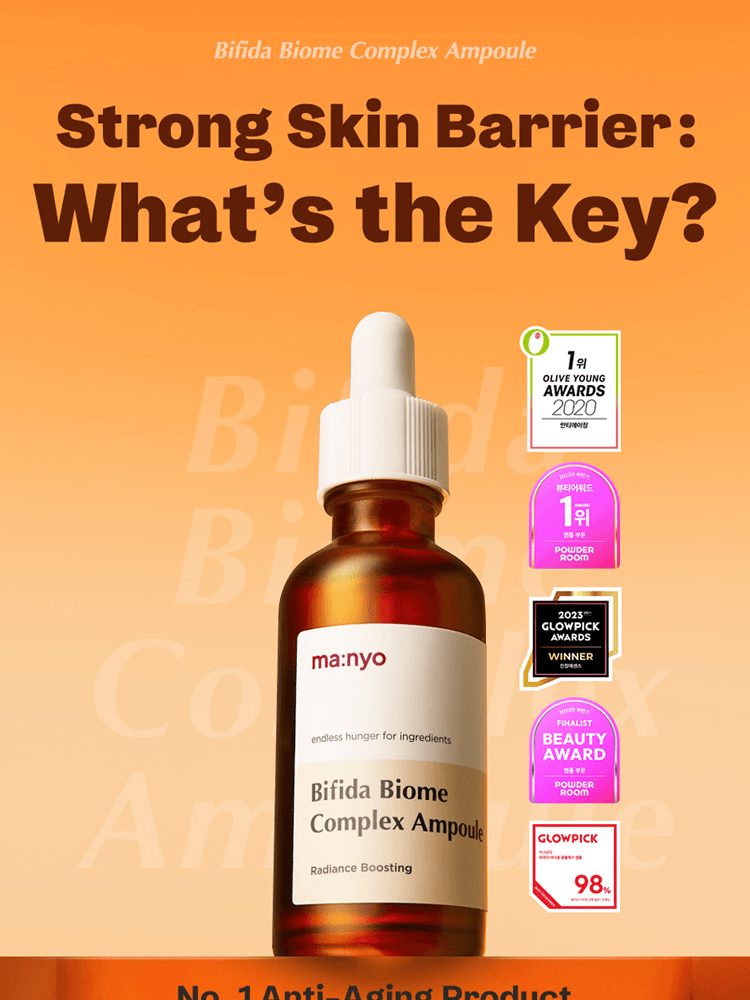 manyo Bifida Biome Complex Ampoule in brown glass bottle with dropper against an orange backdrop