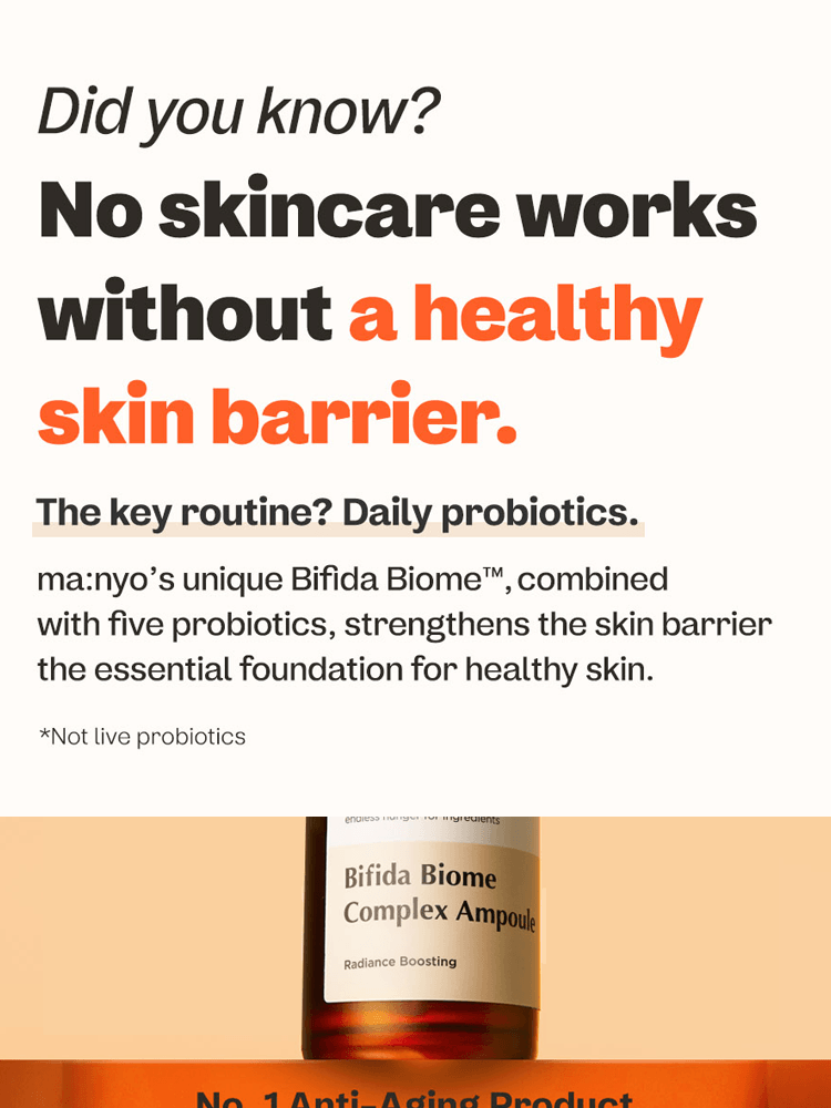 manyo Bifida Biome Complex Ampoule promoting healthy skin barrier and daily probiotics for anti-aging.