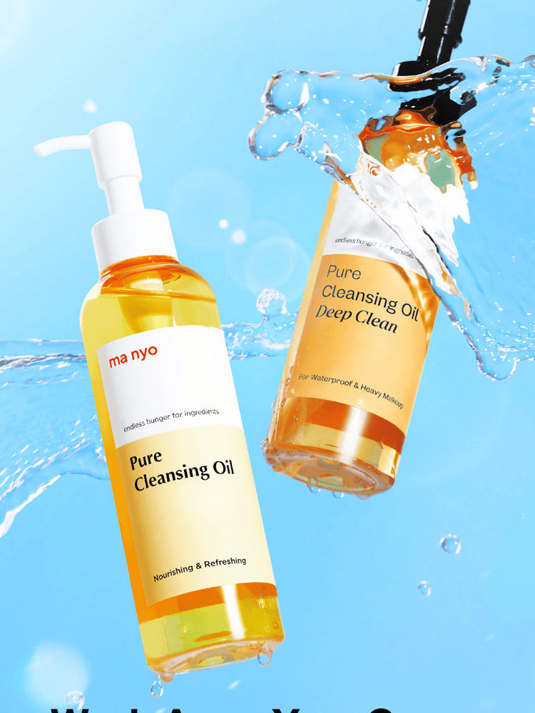 manyo Pure Cleansing Oil bottles splashing in water, designed for deep cleaning and blackhead removal.
