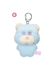 rom&nd Neonmoon doll keychain, cute blue plush bear with colorful eyes and silver clip for easy attachment.