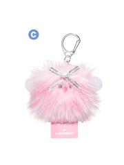 Rom&nd Neonmoon doll keychain, fluffy pink accessorized with a decorative bow.