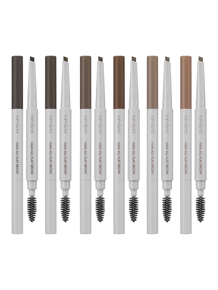 rom&nd Han All Flat / Sharp Brow collection featuring various shades for naturally defined brows.