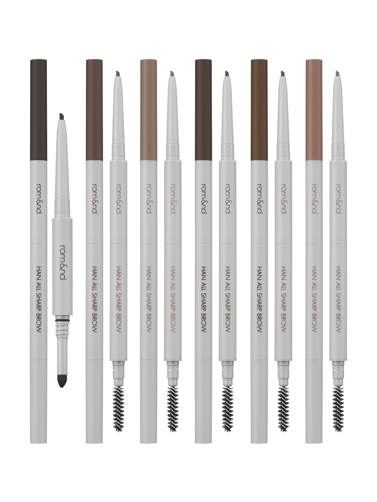 rom&nd Han All Flat / Sharp Brow eyebrow pencils in various shades arranged neatly.