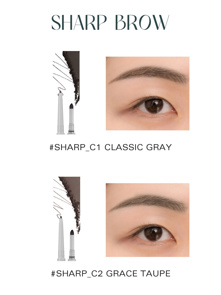 rom&nd Han All Flat / Sharp Brow showcasing shades #SHARP_C1 CLASSIC GRAY and #SHARP_C2 GRACE TAUPE with detailed eyebrow application.