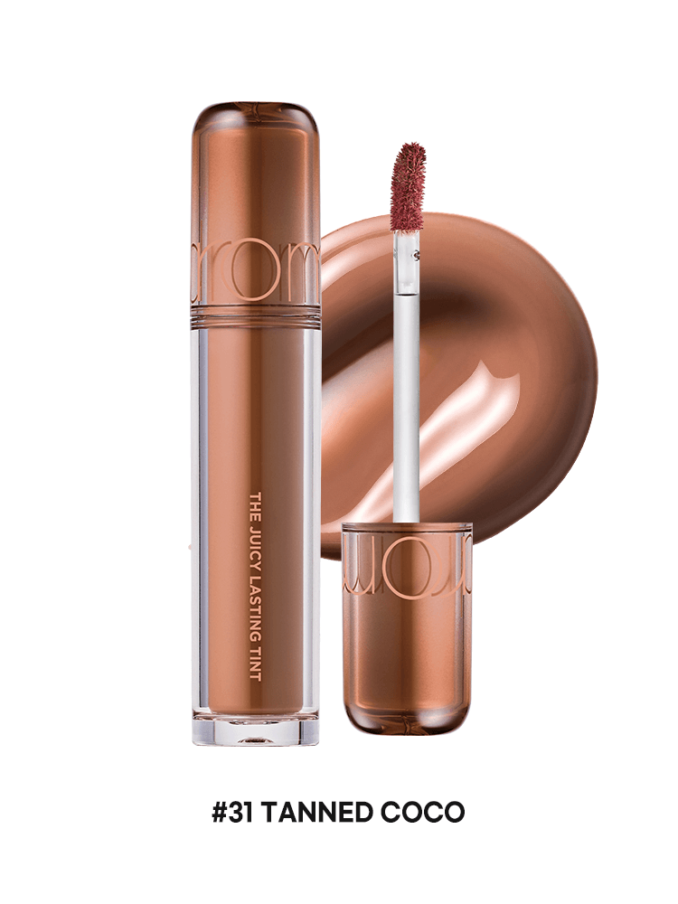 romnd The Juicy Lasting Tint NEW WARM in shade #31 Tanned Coco with applicator and swatch