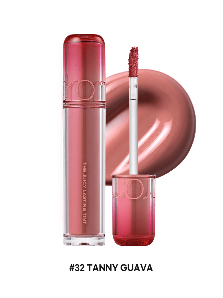 romnd The Juicy Lasting Tint NEW WARM in shade #32 Tanny Guava with applicator and swatch