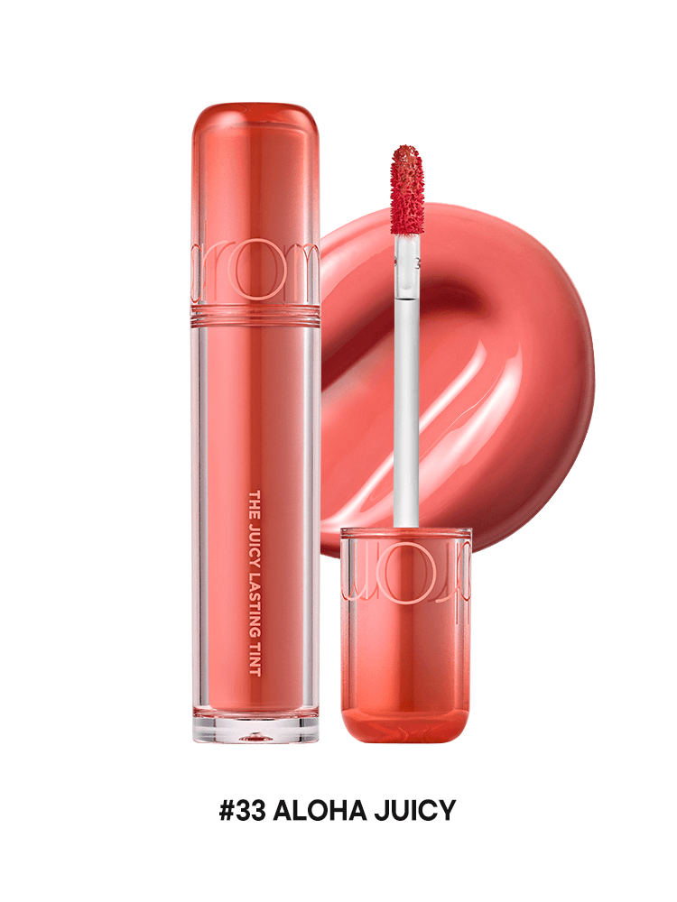 romnd The Juicy Lasting Tint NEW WARM featuring #33 Aloha Juicy, with applicator and glossy lip color.