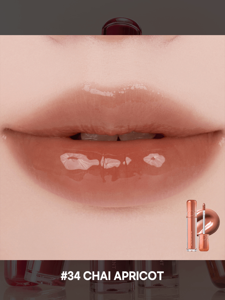 romnd The Juicy Lasting Tint NEW WARM shade #34 Chai Apricot proven for a glossy finish on lips.