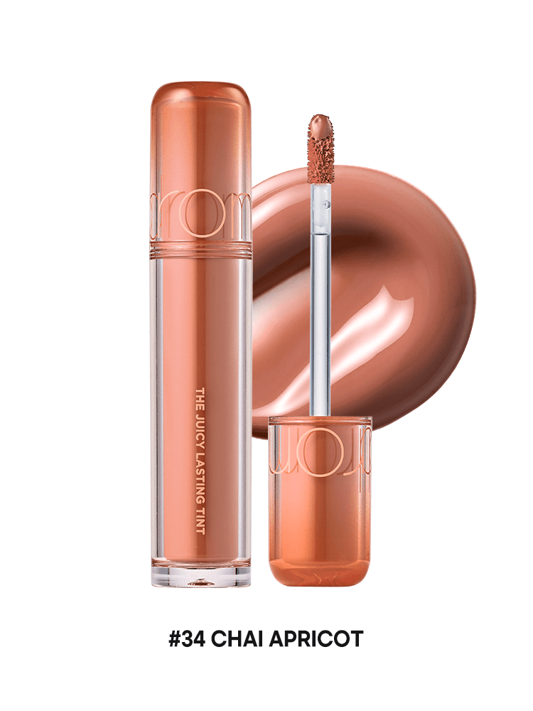 romnd The Juicy Lasting Tint NEW WARM in #34 Chai Apricot with applicator and glossy shade swatch