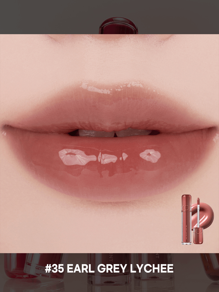 romnd The Juicy Lasting Tint NEW WARM #35 Earl Grey Lychee swatch on lips showcasing glossy finish
