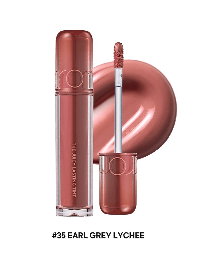 romnd The Juicy Lasting Tint NEW WARM #35 EARL GREY LYCHEE lipstick in a glossy container with applicator.